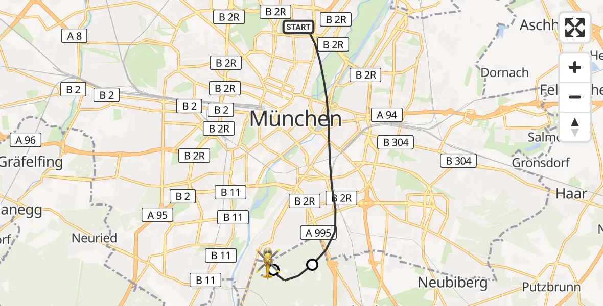 Flugroute Rettungshubschrauber München - ADAC Air Rescue Center Hubschrauberlandeplatz (Christoph 1), 22 Mai 2026, 19:45