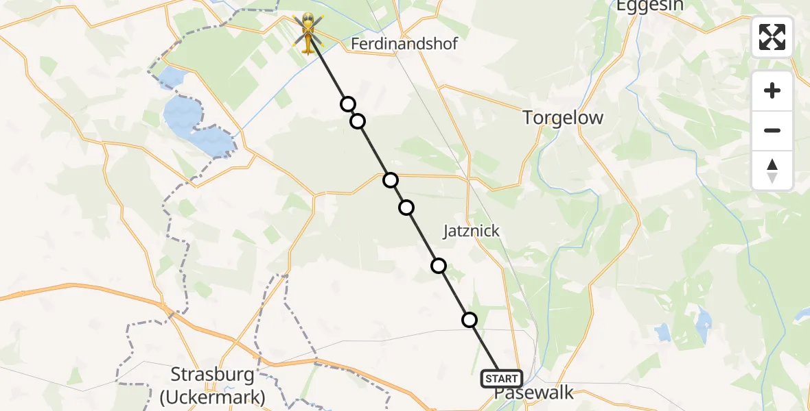 Flugroute Rettungshubschrauber Pasewalk - Ferdinandshof, 22 Mai 2026, 19:45