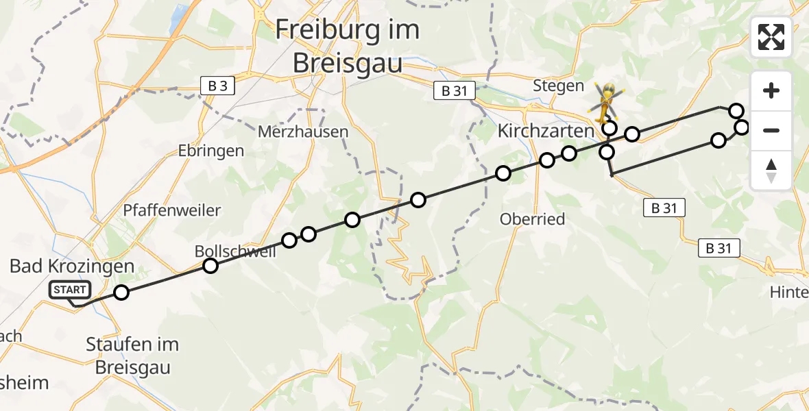 Flugroute Ambulanzhubschrauber Bad Krozingen - Buchenbach, 22 Mai 2026, 19:46