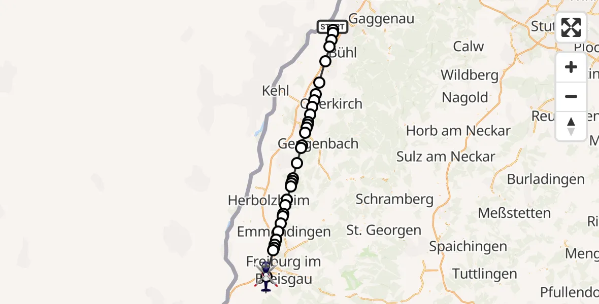 Flugroute Polizeihubschrauber Karlsruhe Baden-Baden Flughafen - Schallstadt, 22 Mai 2026, 19:55