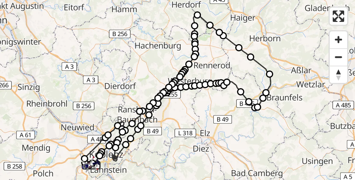 Flugroute Polizeihubschrauber Koblenz-Winningen Flugplatz - Koblenz-Winningen Flugplatz, 22 Mai 2026, 20:03