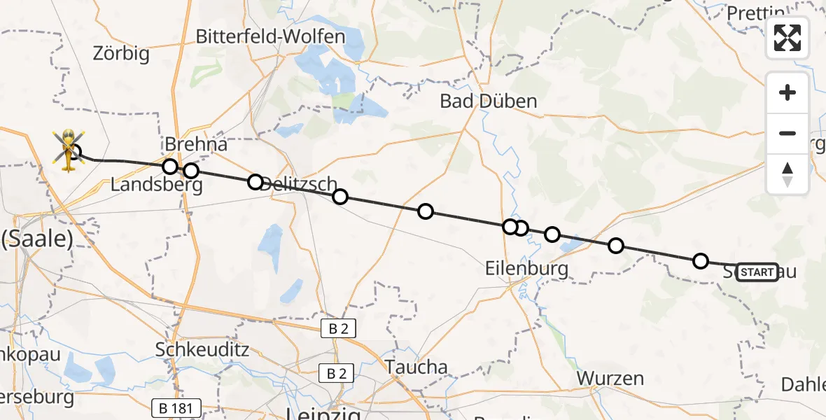 Flugroute Rettungshubschrauber Belgern-Schildau - Halle-Oppin Flugplatz, 22 Mai 2026, 20:05