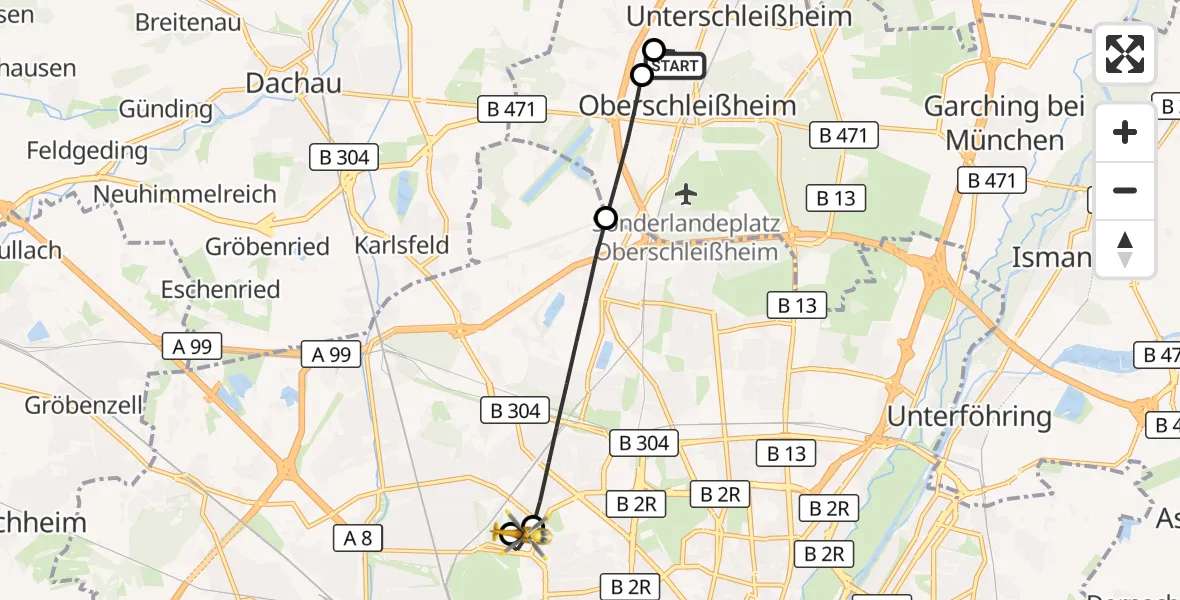 Flugroute Rettungshubschrauber Oberschleißheim - Dritter Orden University Hospital, 22 Mai 2026, 20:19