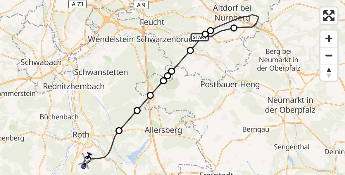 Flugroute Polizeihubschrauber Burgthann - Flugplatz Roth, 22 Mai 2026, 20:20