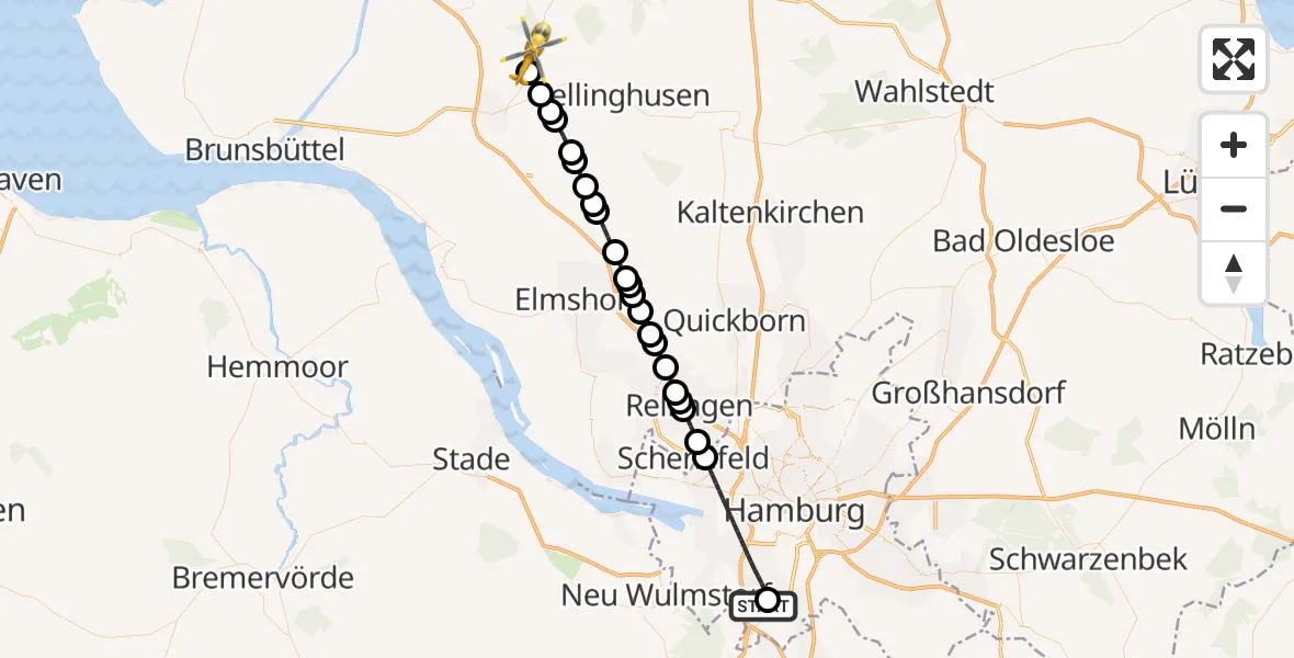 Flugroute Rettungshubschrauber Asklepios Hospital Harburg - Hohenlockstedt, 22 Mai 2026, 20:29