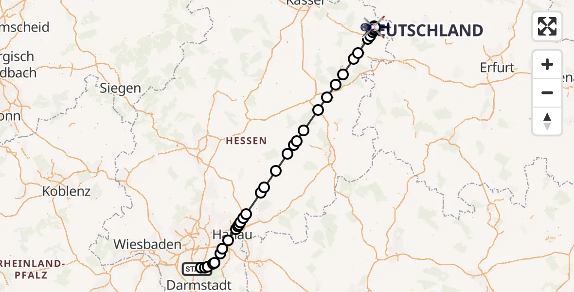 Flugroute Polizeihubschrauber Flughafen Frankfurt-Egelsbach - Eschwege, 22 Mai 2026, 20:29