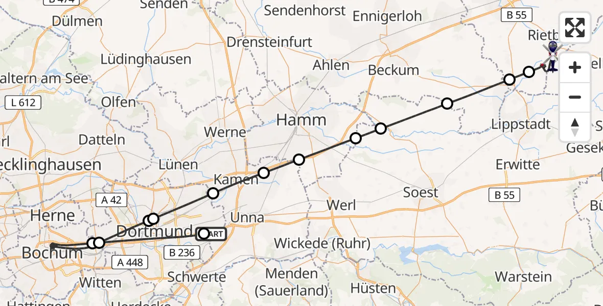Flugroute Polizeihubschrauber Dortmund Flughafen - Rietberg, 22 Mai 2026, 21:03