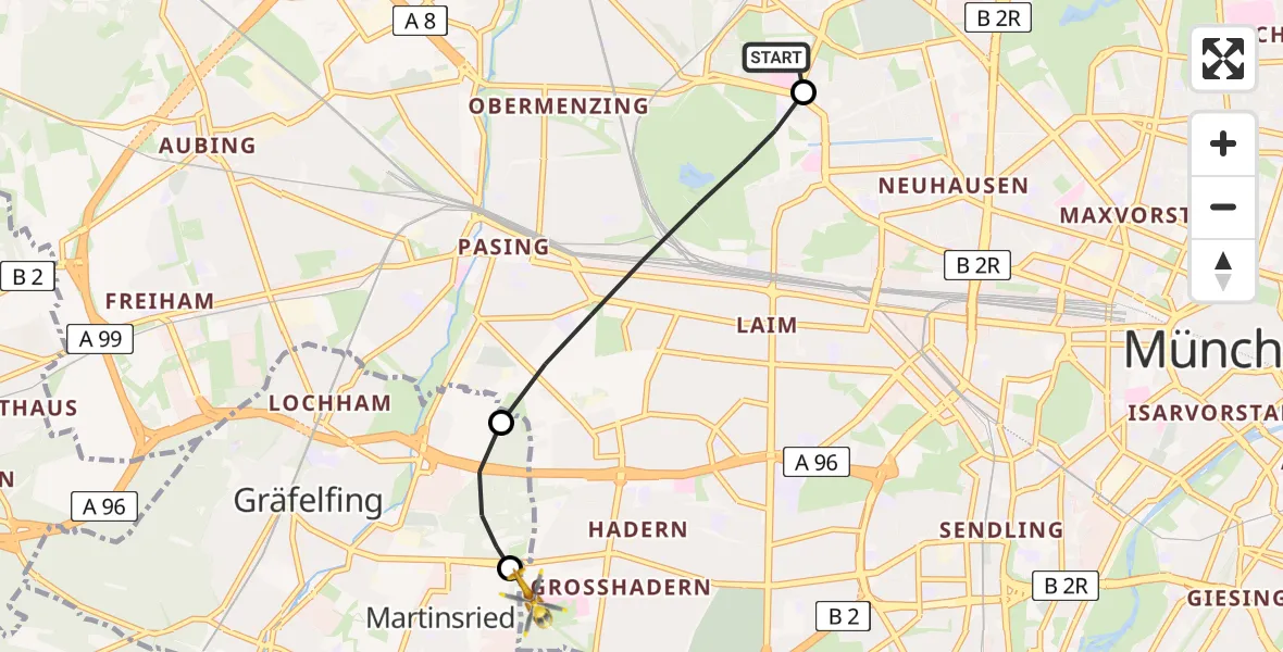 Flugroute Rettungshubschrauber Dritter Orden University Hospital - DRF Air Rescue München Hubschrauberlandeplatz, 22 Mai 2026, 21:08