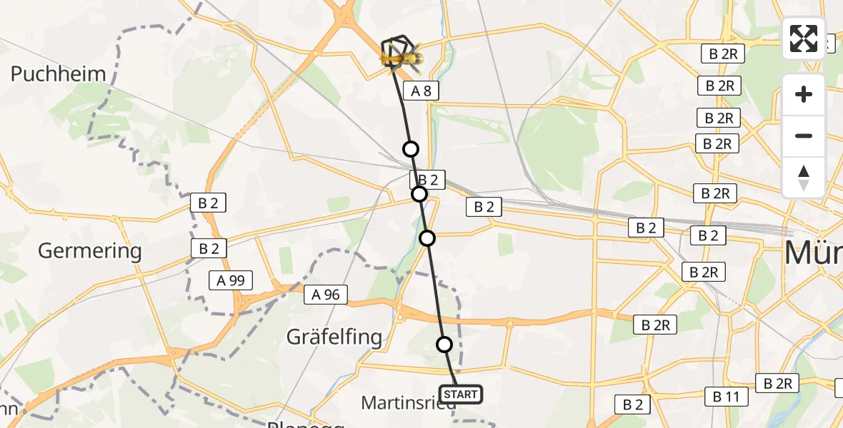 Flugroute Rettungshubschrauber DRF Air Rescue München Hubschrauberlandeplatz - München, 22 Mai 2026, 21:22