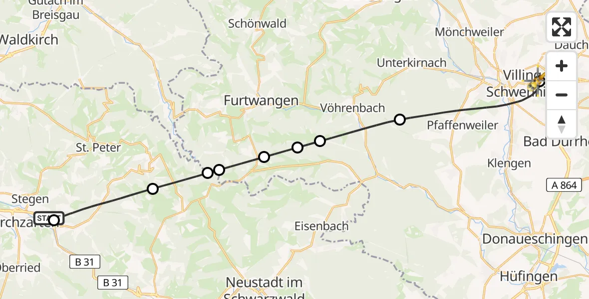 Flugroute Ambulanzhubschrauber Kirchzarten - DRF Air Rescue Station Villingen-Schwenningen Hubschrauberlandeplatz (Christoph 11), 22 Mai 2026, 21:31