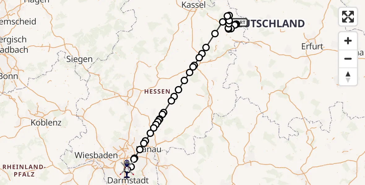 Flugroute Polizeihubschrauber Eschwege - Flughafen Frankfurt-Egelsbach, 22 Mai 2026, 21:53