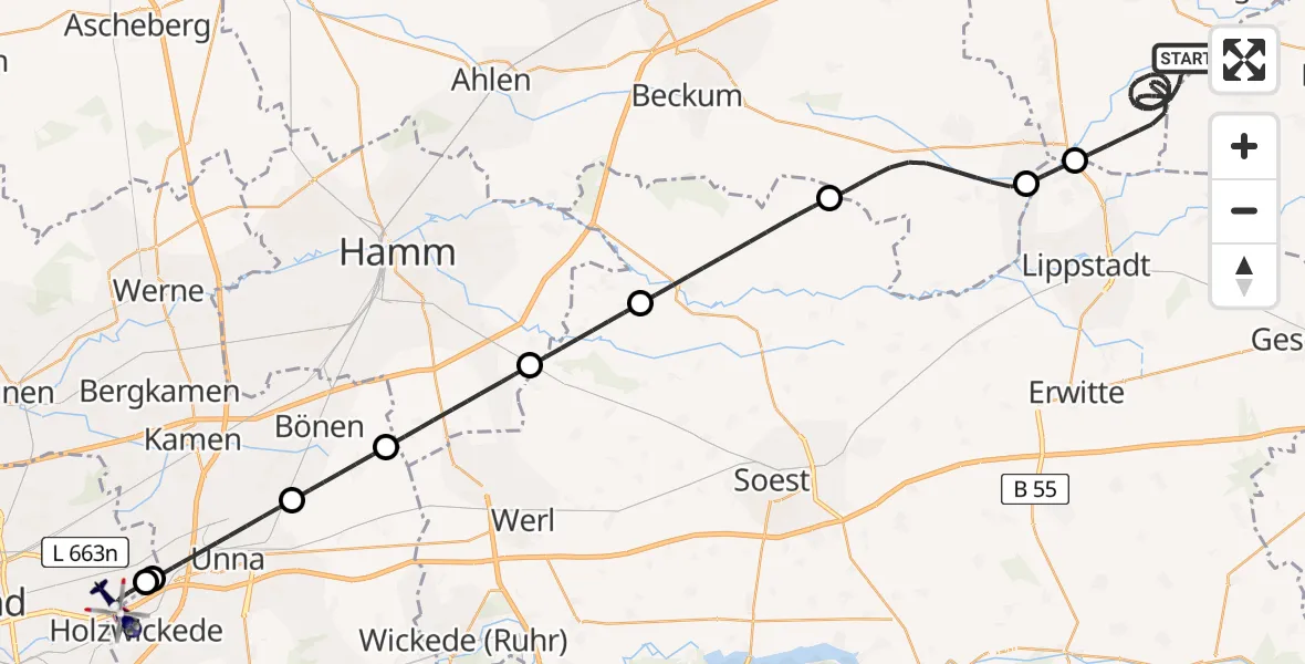 Flugroute Polizeihubschrauber Rietberg - Dortmund Flughafen, 22 Mai 2026, 22:24