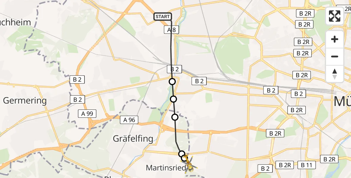 Flugroute Rettungshubschrauber München - DRF Air Rescue München Hubschrauberlandeplatz, 22 Mai 2026, 22:46