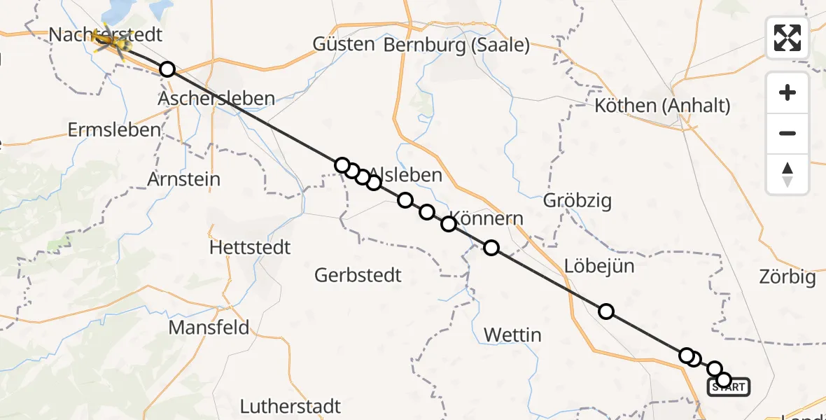 Flugroute Rettungshubschrauber Halle-Oppin Flugplatz - Seeland, 22 Mai 2026, 23:18