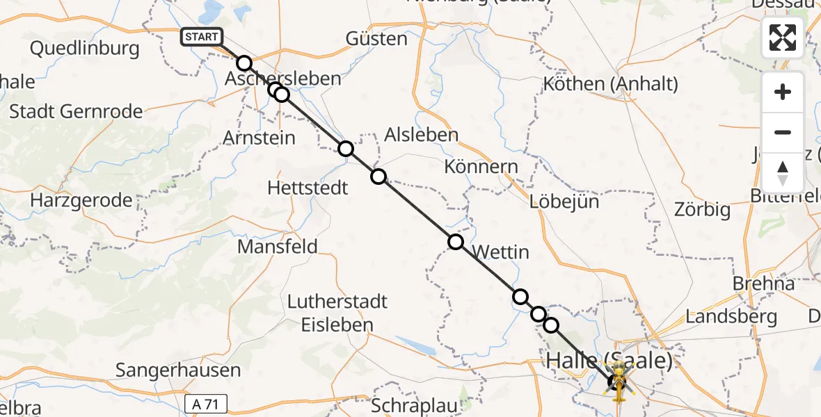 Flugroute Rettungshubschrauber Seeland - BG Hospital Bergmannstrost Halle, 23 Mai 2026, 00:01