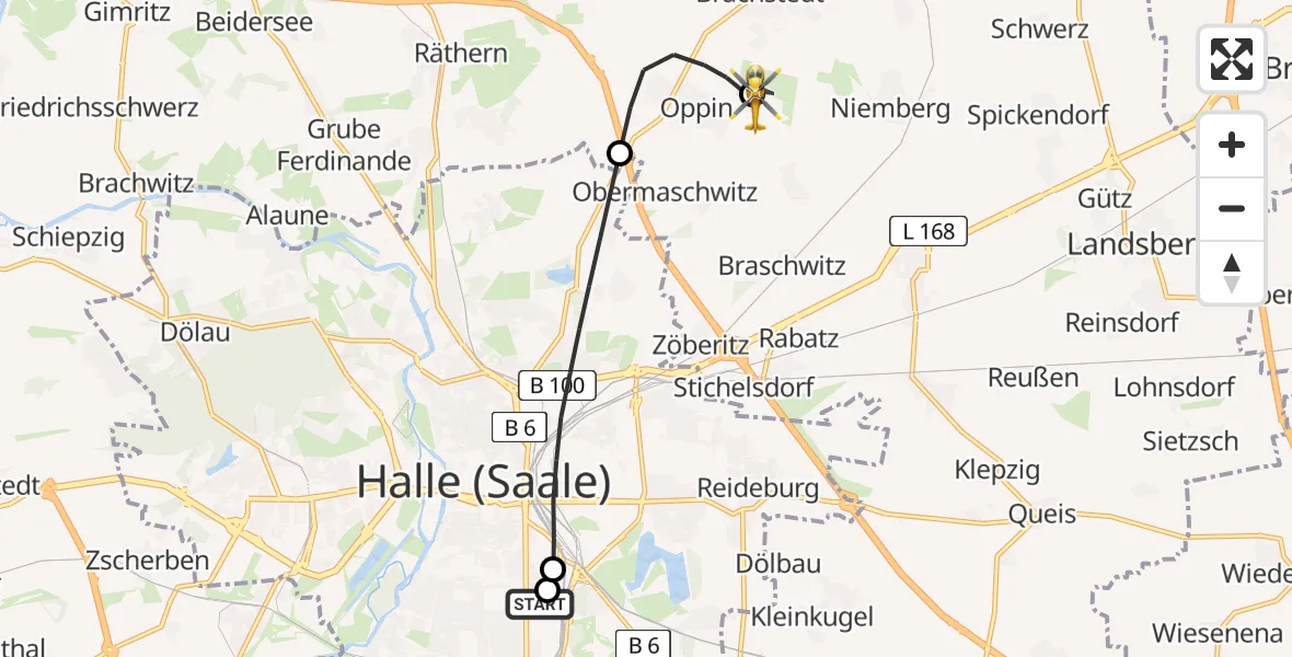Flugroute Rettungshubschrauber BG Hospital Bergmannstrost Halle - Halle-Oppin Flugplatz, 23 Mai 2026, 00:48