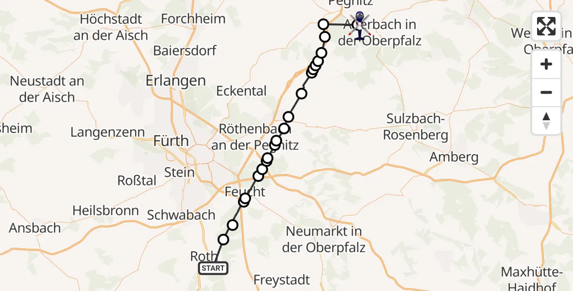 Flugroute Polizeihubschrauber Roth - Auerbach i.d.OPf., 23 Mai 2026, 01:06