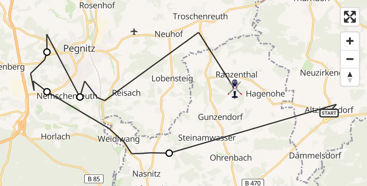 Flugroute Polizeihubschrauber Kirchenthumbach - Auerbach i.d.OPf., 23 Mai 2026, 01:38