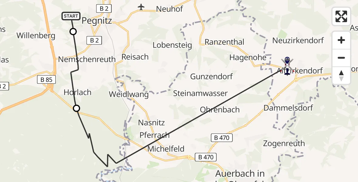 Flugroute Polizeihubschrauber Sana Clinic Pegnitz Hubschrauberlandeplatz - Kirchenthumbach, 23 Mai 2026, 02:01