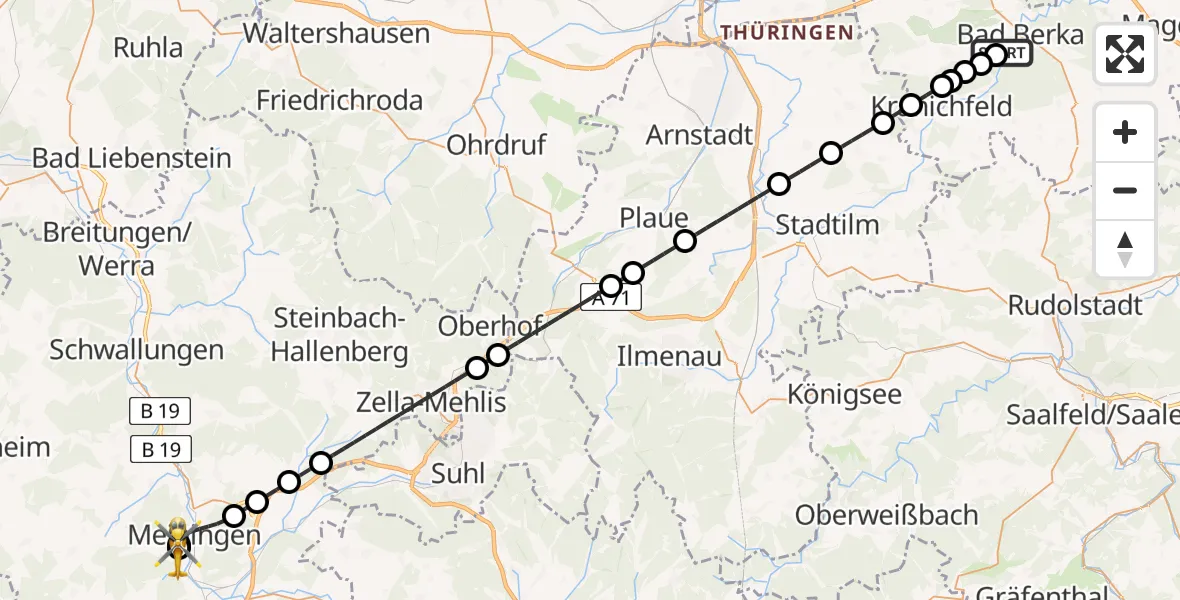 Flugroute Ambulanzhubschrauber Bad Berka Central Hospital - Helios Clinic Meiningen, 23 Mai 2026, 02:20