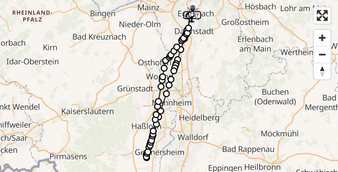 Flugroute Polizeihubschrauber Flughafen Frankfurt-Egelsbach - Flughafen Frankfurt-Egelsbach, 23 Mai 2026, 02:50