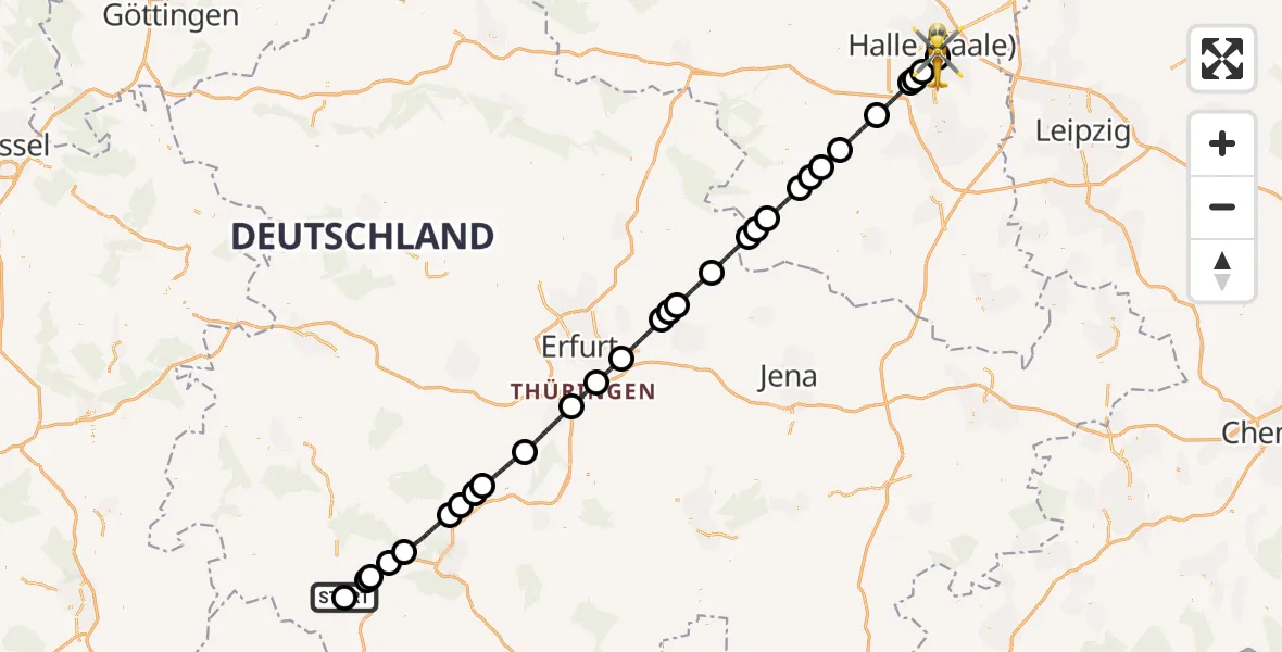 Flugroute Ambulanzhubschrauber Helios Clinic Meiningen - BG Hospital Bergmannstrost Halle, 23 Mai 2026, 03:00