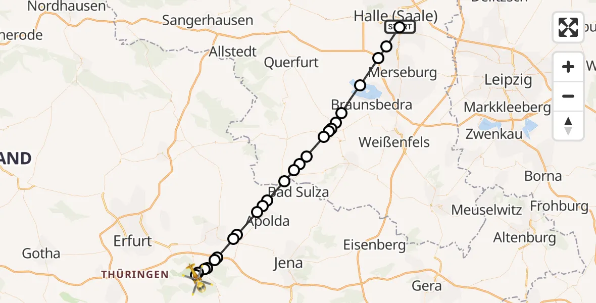Flugroute Ambulanzhubschrauber BG Hospital Bergmannstrost Halle - Bad Berka, 23 Mai 2026, 04:08