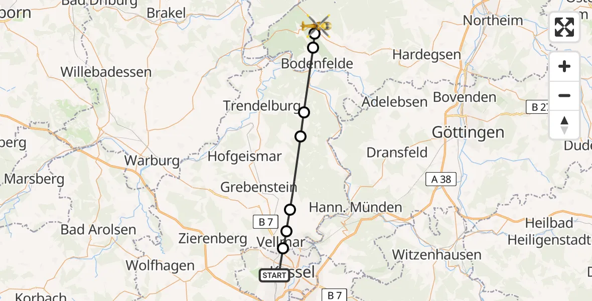 Flugroute Rettungshubschrauber Kassel - Uslar, 23 Mai 2026, 05:13