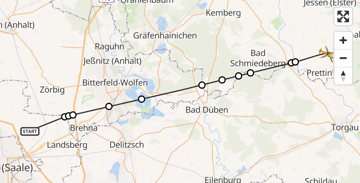 Flugroute Rettungshubschrauber Halle-Oppin Flugplatz - Annaburg, 23 Mai 2026, 05:21