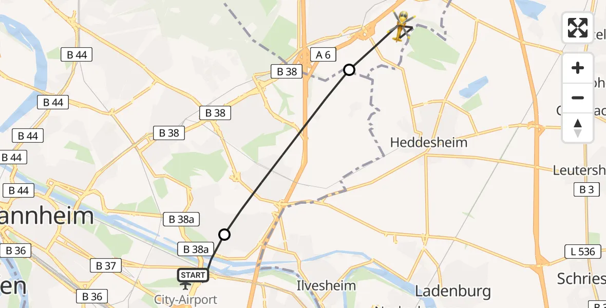 Flugroute Rettungshubschrauber Mannheim-City Flughafen - Viernheim, 23 Mai 2026, 05:38