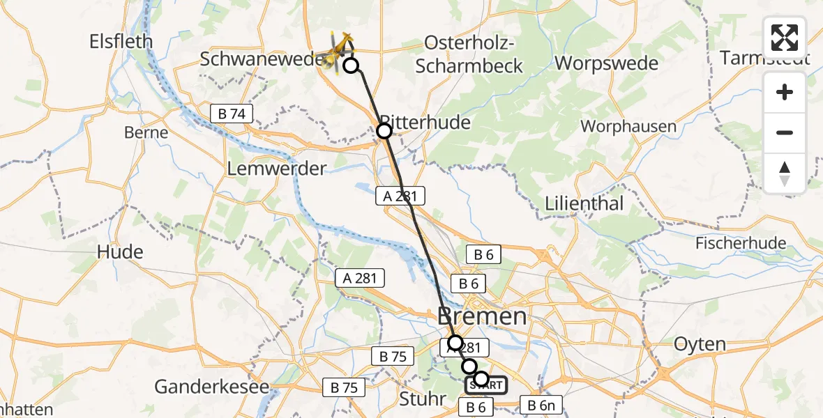 Flugroute Rettungshubschrauber ADAC Air Rescue Station Bremen Hubschrauberlandeplatz (Christoph 6) - Schwanewede, 23 Mai 2026, 05:42