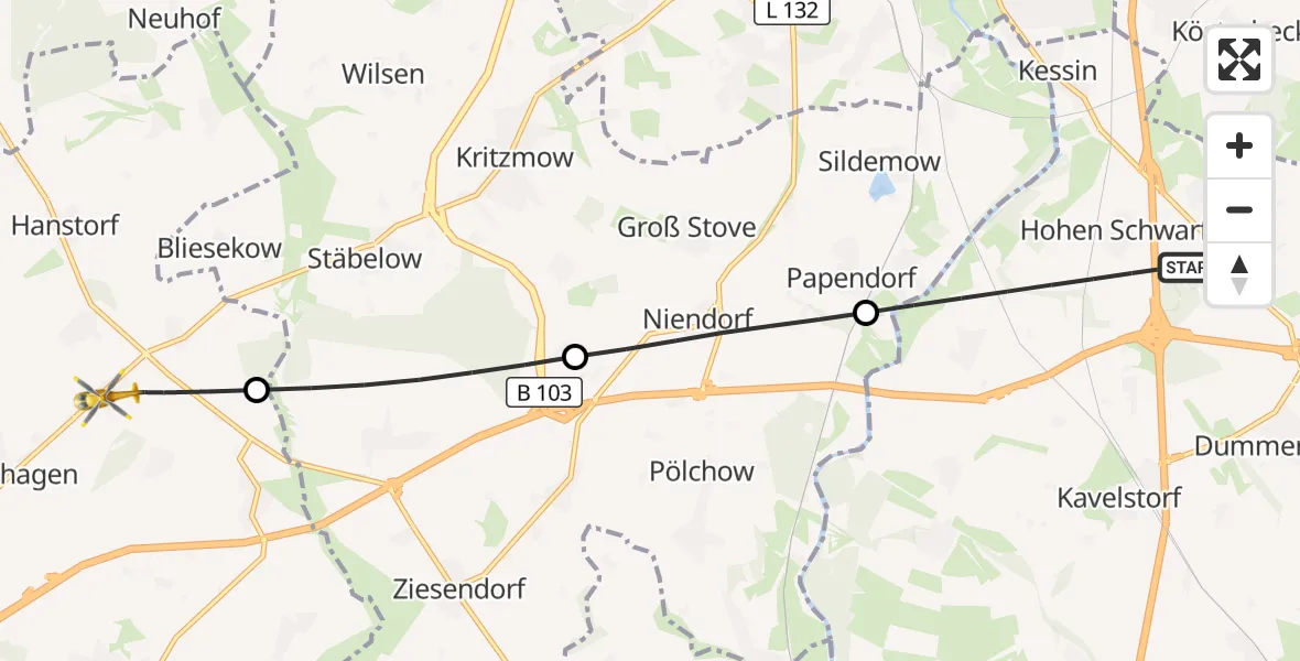 Flugroute Ambulanzhubschrauber Dummerstorf - Satow, 23 Mai 2026, 06:03