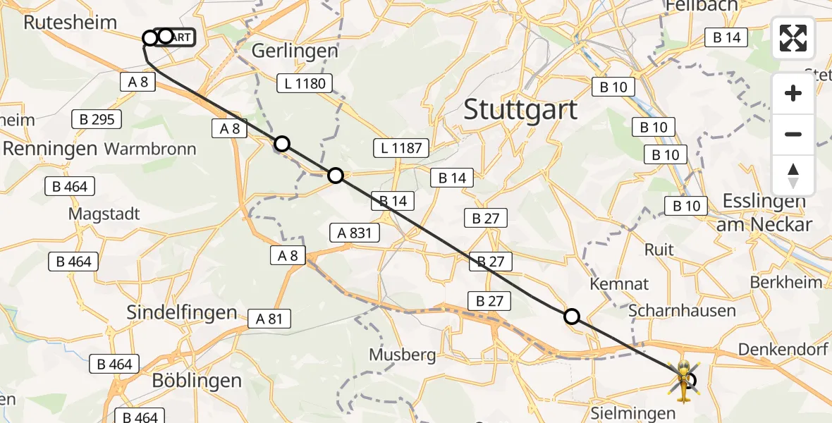 Flugroute Rettungshubschrauber Leonberg Hospital - Neuhausen auf den Fildern, 23 Mai 2026, 06:09
