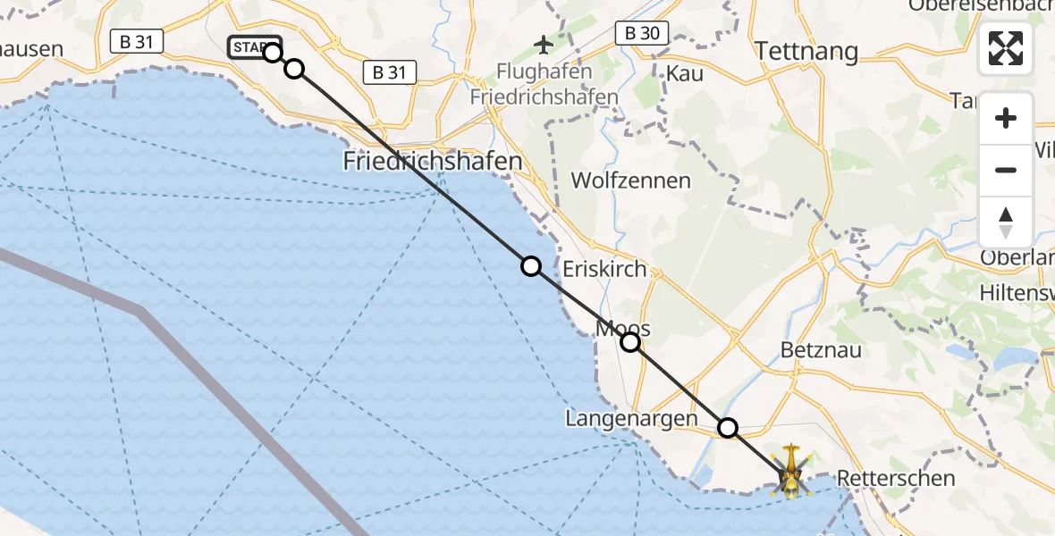 Flugroute Rettungshubschrauber Friedrichshafen Hospital - Kressbronn am Bodensee, 23 Mai 2026, 06:13