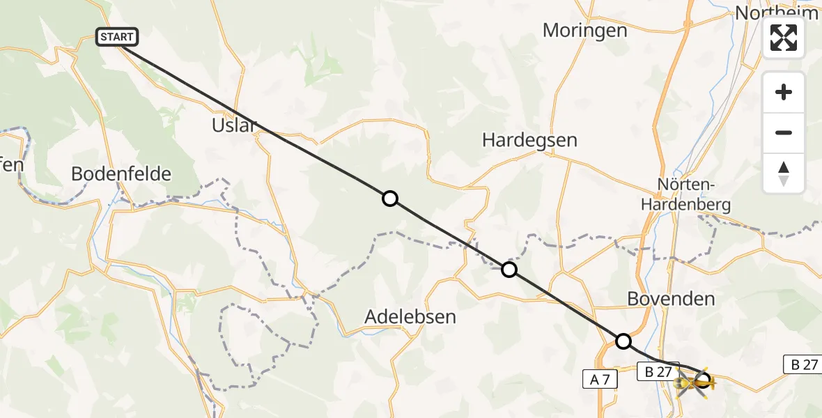 Flugroute Rettungshubschrauber Uslar - Göttingen University Clinic Hubschrauberlandeplatz, 23 Mai 2026, 06:14