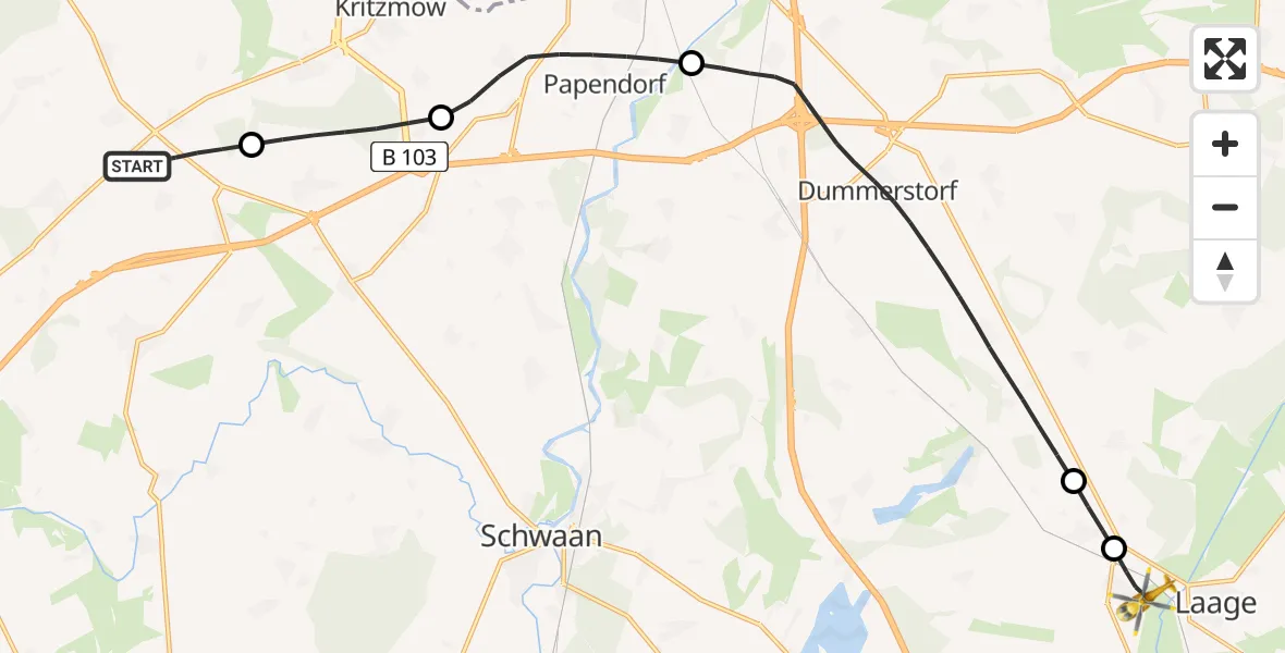 Flugroute Ambulanzhubschrauber Satow - Laage, 23 Mai 2026, 06:33