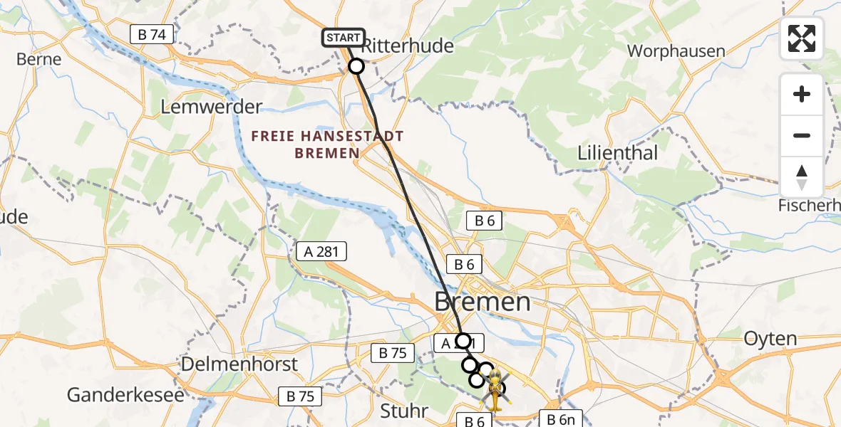 Flugroute Rettungshubschrauber Ritterhude - ADAC Air Rescue Station Bremen Hubschrauberlandeplatz (Christoph 6), 23 Mai 2026, 06:34