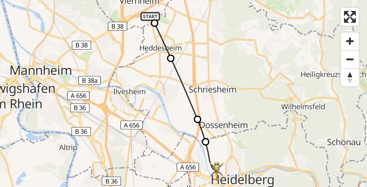 Flugroute Rettungshubschrauber Viernheim - Heidelberg, 23 Mai 2026, 06:38