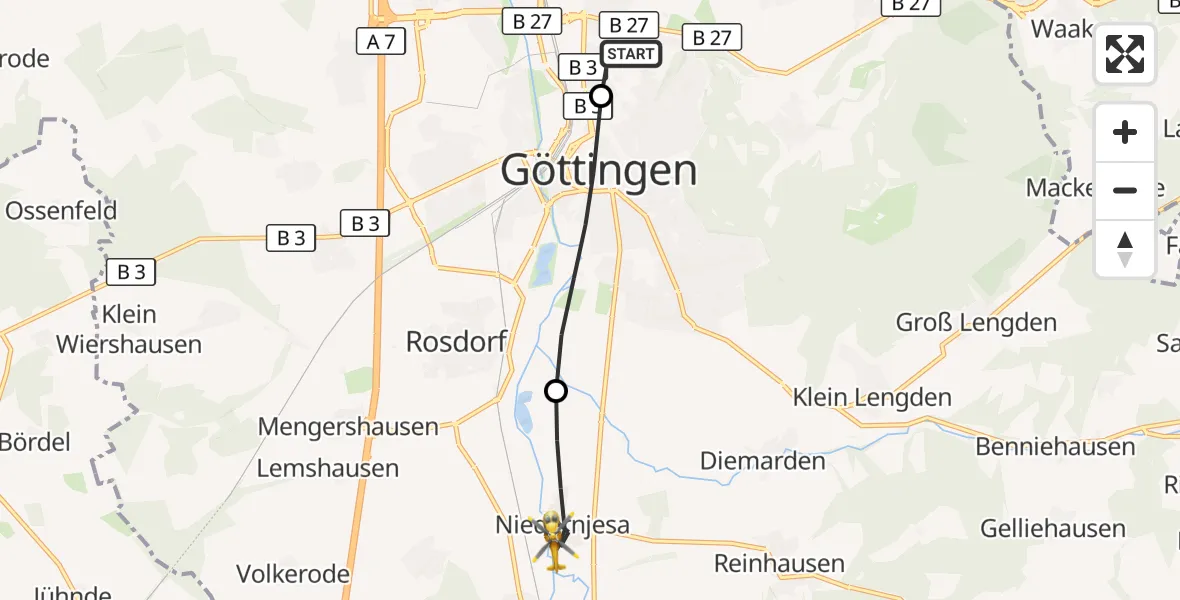 Flugroute Rettungshubschrauber Göttingen University Clinic Hubschrauberlandeplatz - Friedland, 23 Mai 2026, 06:39