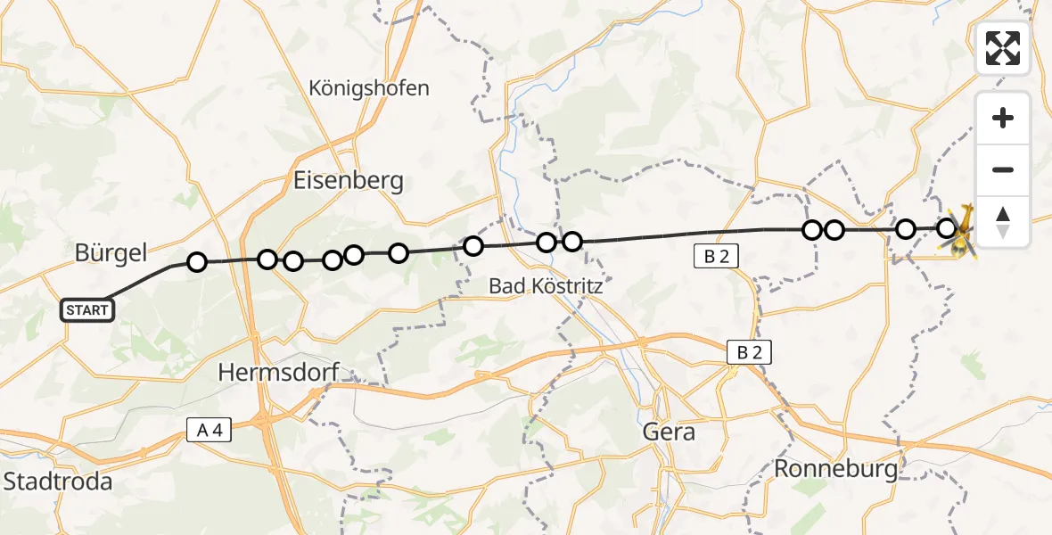 Flugroute Rettungshubschrauber Bürgel - Schmölln, 23 Mai 2026, 06:48