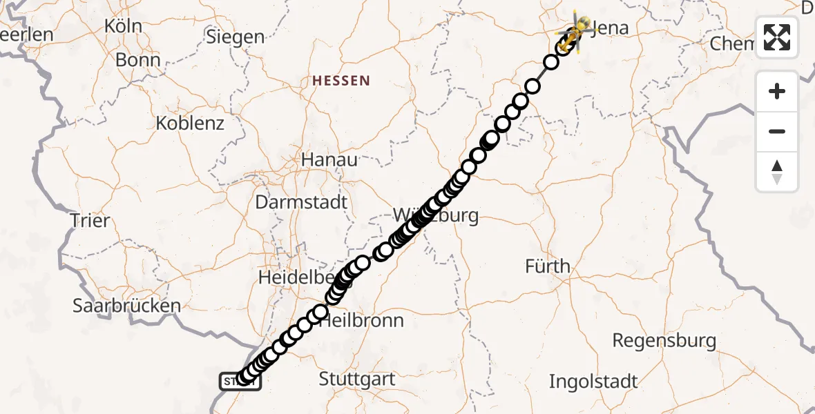 Flugroute Rettungshubschrauber Karlsruhe Baden-Baden Flughafen - Bad Berka, 23 Mai 2026, 06:52