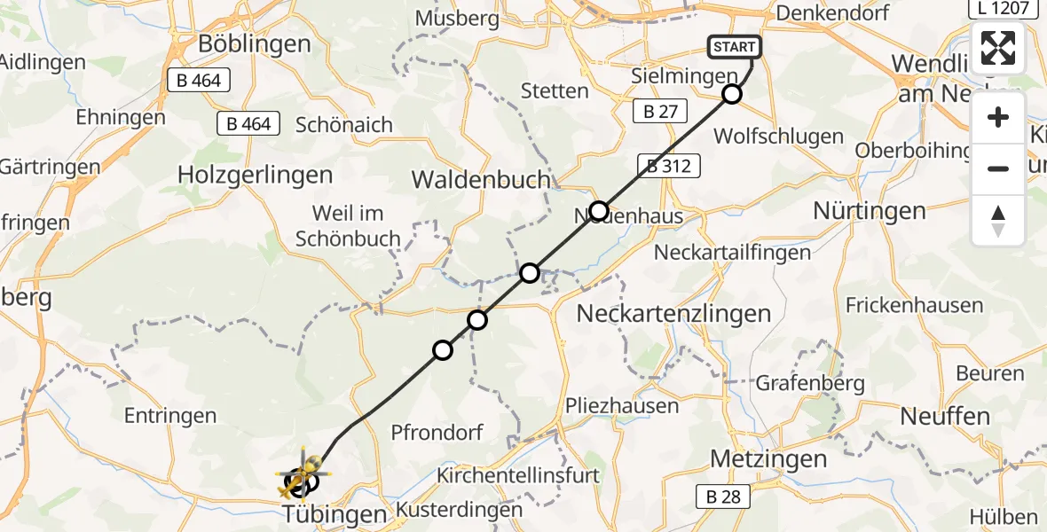 Flugroute Rettungshubschrauber Neuhausen auf den Fildern - Tübingen Trauma Hospital, 23 Mai 2026, 06:52