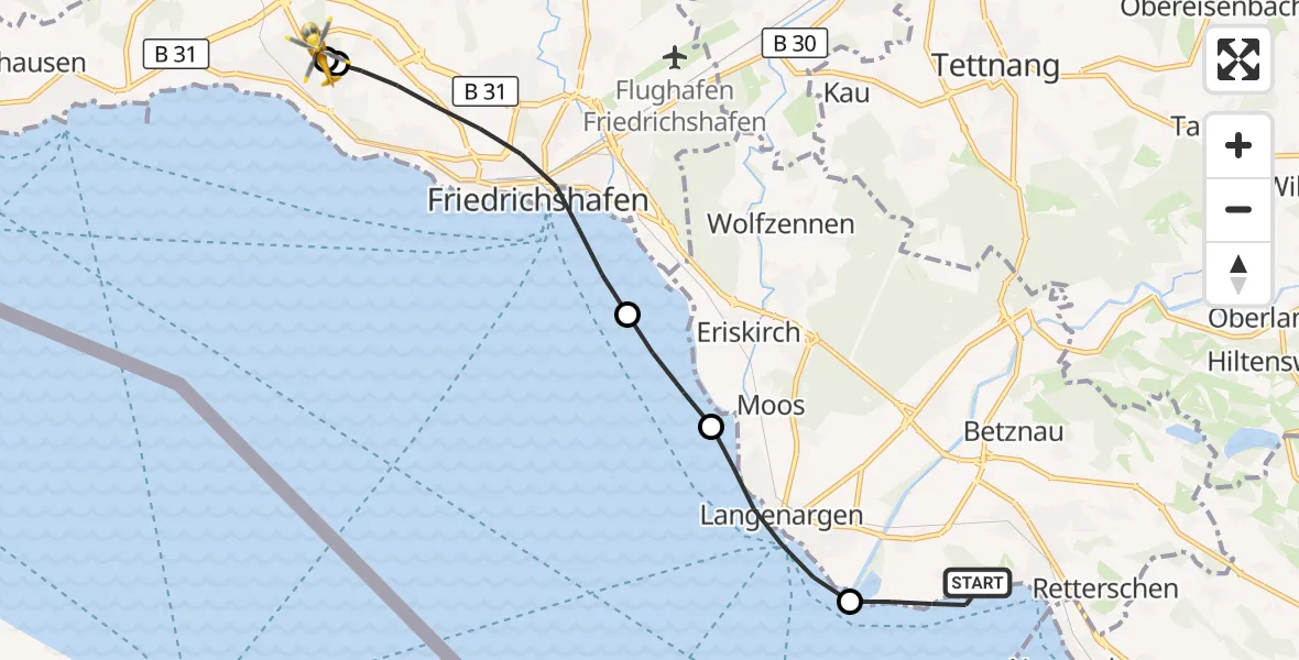 Flugroute Rettungshubschrauber Kressbronn am Bodensee - Friedrichshafen Hospital, 23 Mai 2026, 06:57
