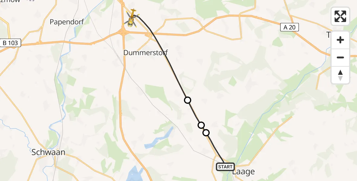 Flugroute Ambulanzhubschrauber Laage - Dummerstorf, 23 Mai 2026, 07:01