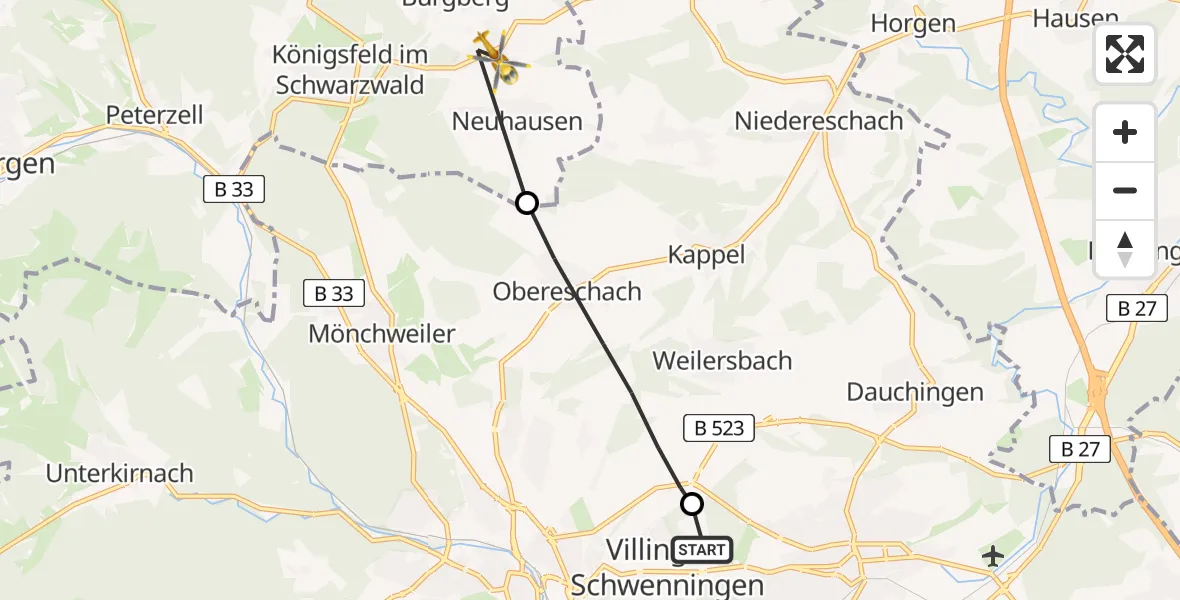 Flugroute Ambulanzhubschrauber DRF Air Rescue Station Villingen-Schwenningen Hubschrauberlandeplatz (Christoph 11) - Königsfeld im Schwarzwald, 23 Mai 2026, 07:15