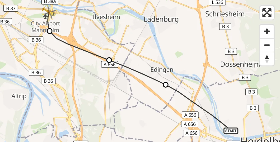 Flugroute Rettungshubschrauber Heidelberg - Mannheim-City Flughafen, 23 Mai 2026, 07:17