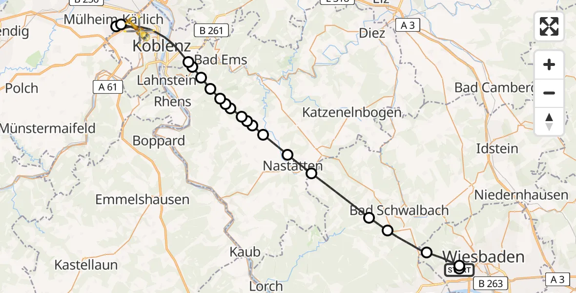 Flugroute Rettungshubschrauber Helios Horst Schmidt Clinic (HSK) - Koblenz, 23 Mai 2026, 07:18