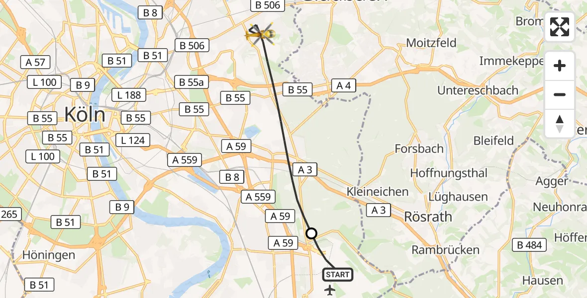 Flugroute Rettungshubschrauber Köln Bonn Flughafen - Köln, 23 Mai 2026, 07:22