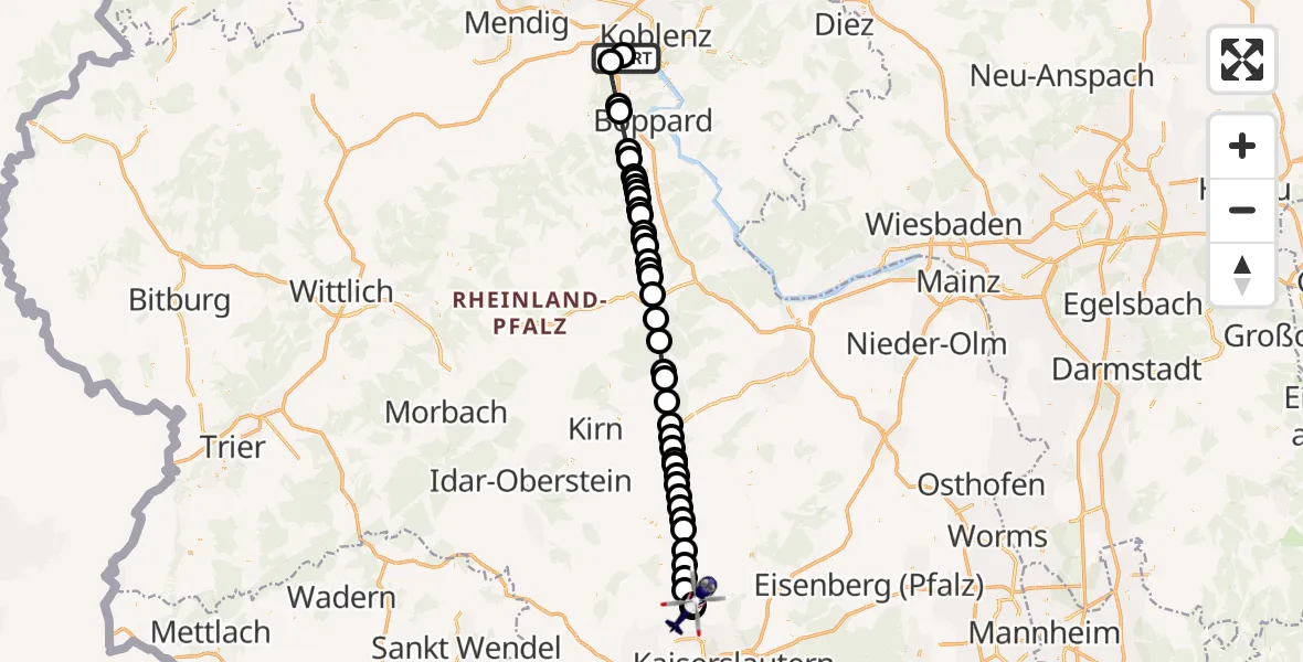 Flugroute Polizeihubschrauber Koblenz-Winningen Flugplatz - Hirschhorn/Pfalz, 23 Mai 2026, 07:25