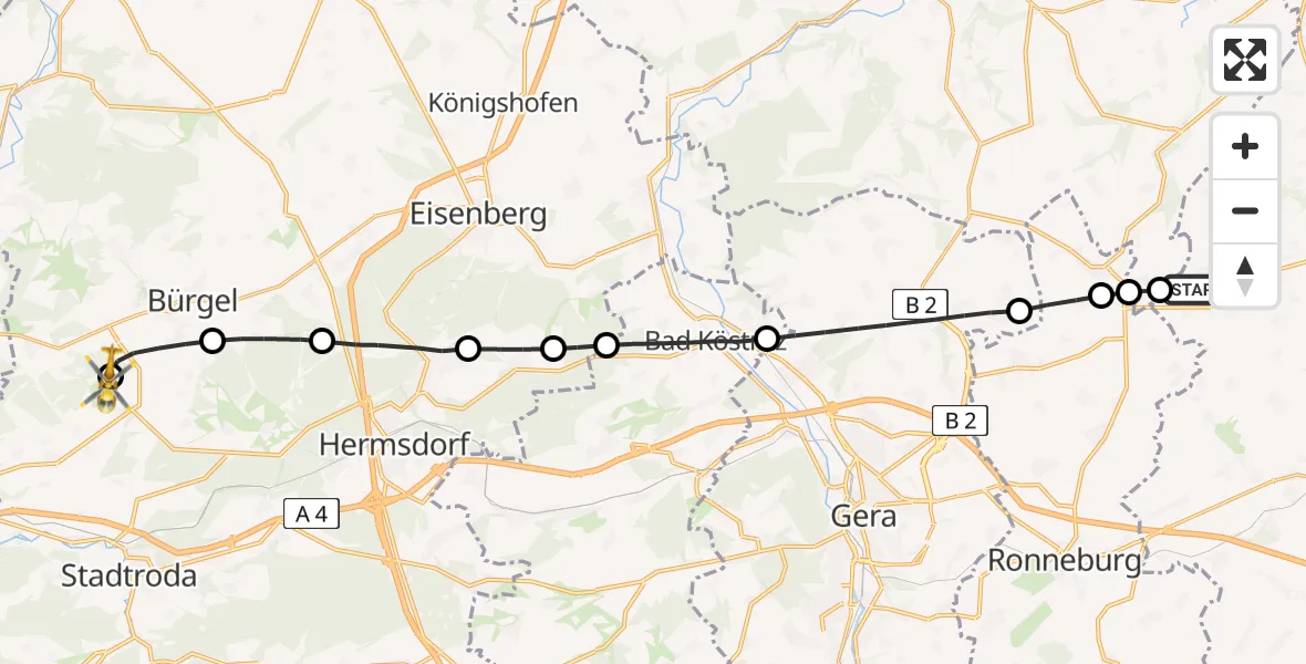 Flugroute Rettungshubschrauber Schmölln - Jena-Schöngleina Flugplatz, 23 Mai 2026, 07:31